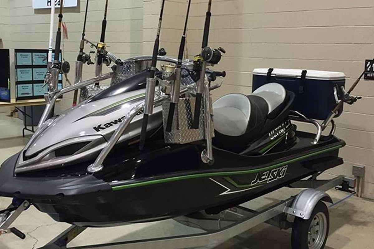 Jet ski fishing rack and rod holders